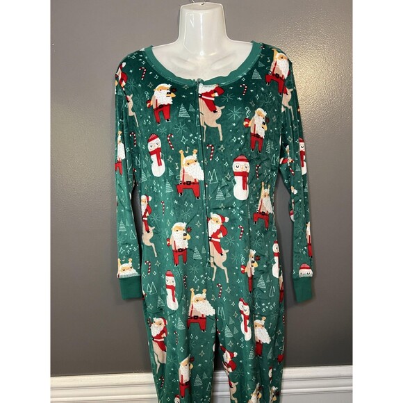 Xhilaration One-piece Pajamas Womens XS/S Green Christmas Santa Reindeer Zip - Picture 1 of 9